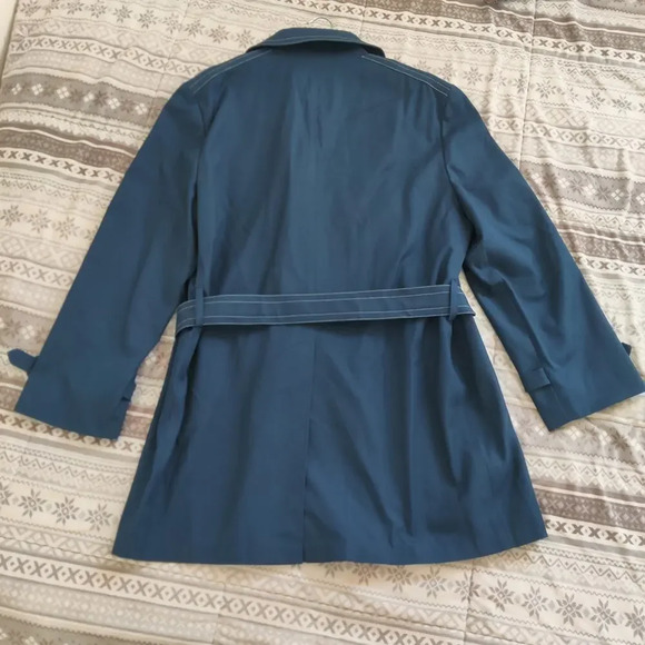 London Fog Navy Blue Trench Coat Utility Jacket Belted Size 14 Double Breasted - Picture 2 of 9